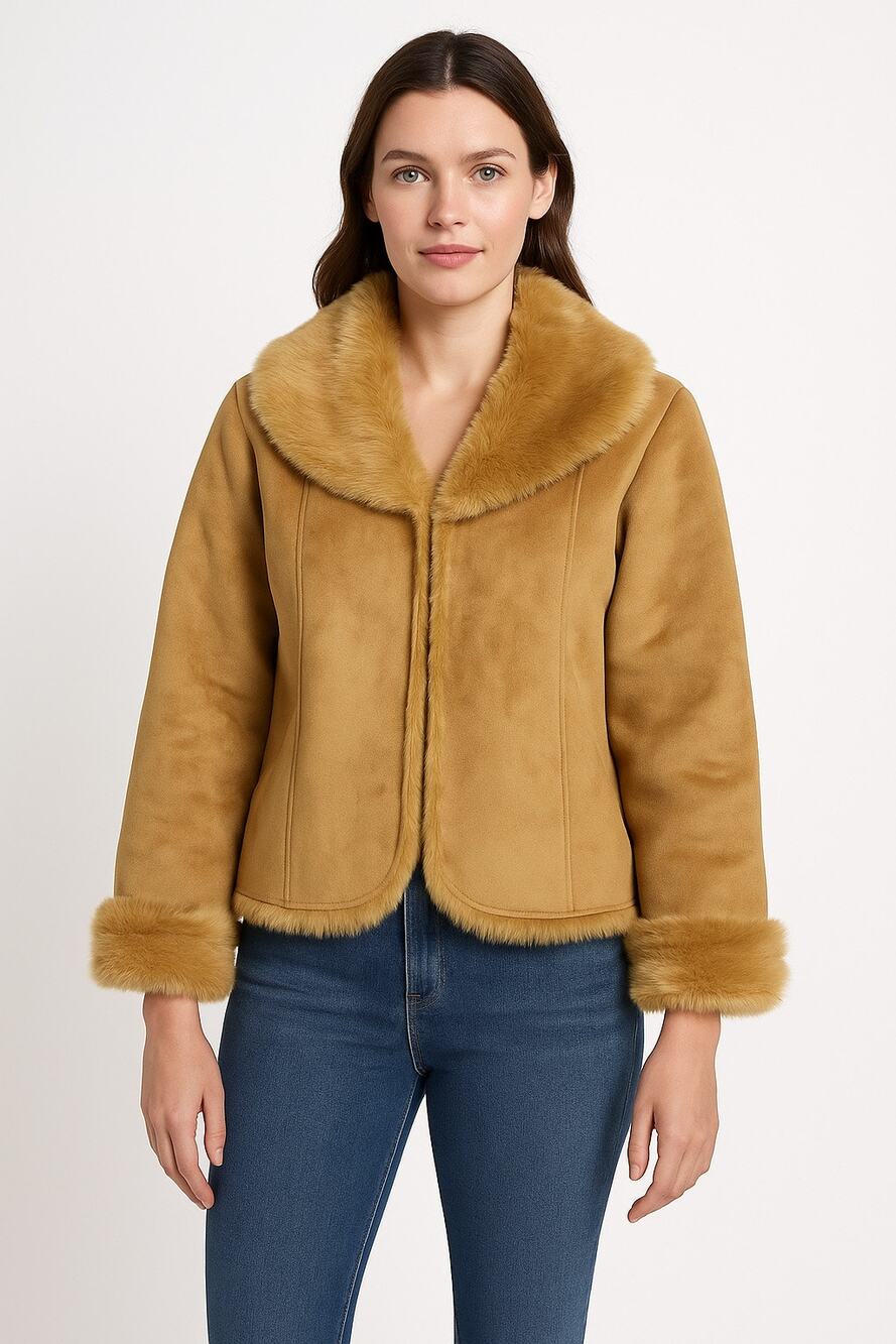 NWT Mixit Retro Faux Suede Fur large shawl collar Jacket coat Camel Brown large